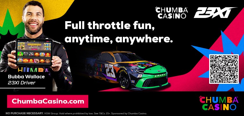 Chumba Casino and 23XI billboard: Bubba Wallace holding a tablet beside the number 23 car. Full throttle fun, anytime, anywhere.