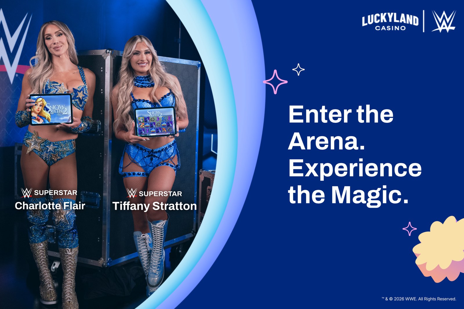 LuckyLand Casino email header with Charlotte Flair and Tiffany Stratton holding tablets: Enter the Arena. Experience the Magic.