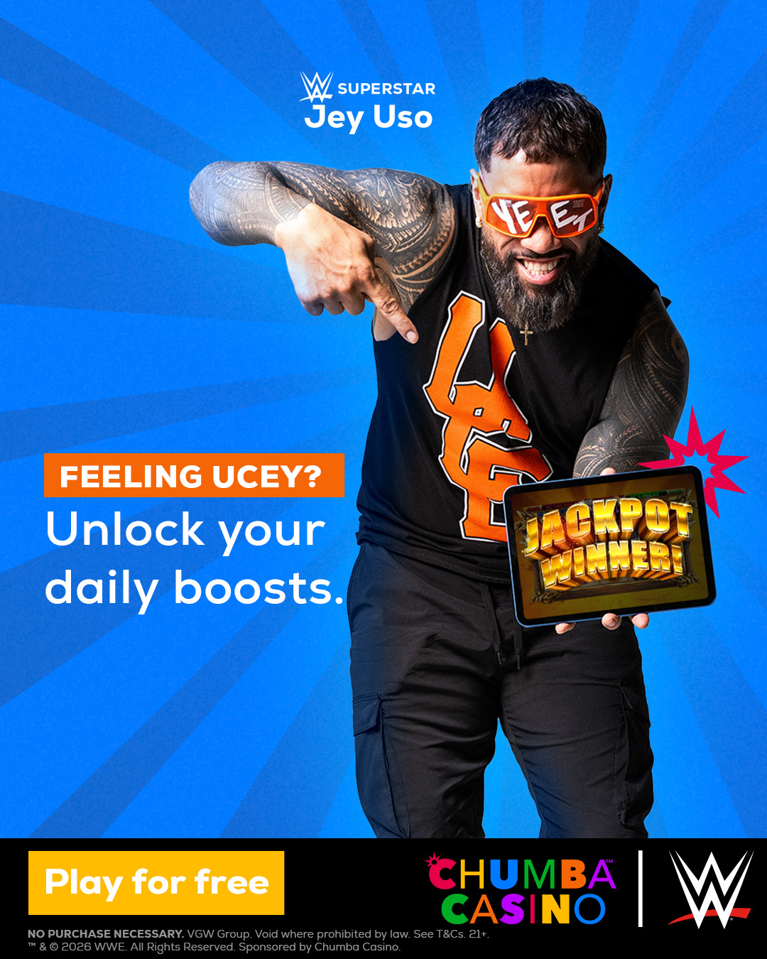 Chumba Casino social post with Jey Uso holding a tablet: Feeling Ucey? Unlock your daily boosts.